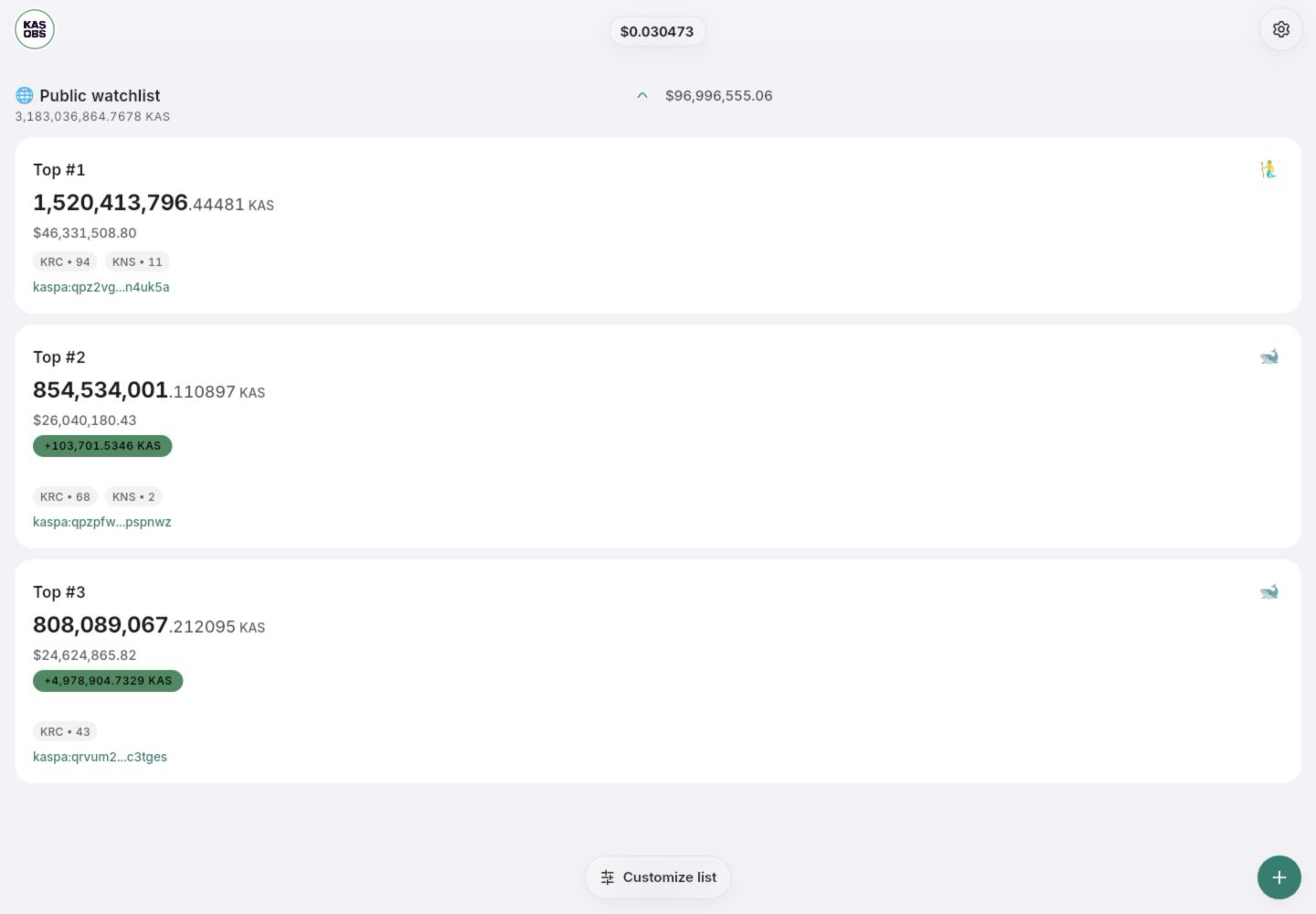 Kaspa Observer public watchlist on Web